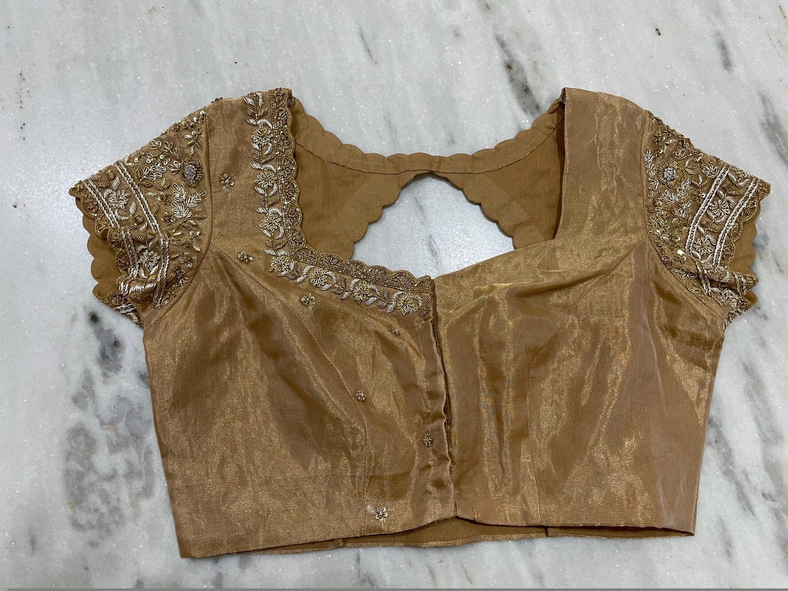 Hand Embroidered Zardosi Silk Blouse: Light Gold Maggam Work,tissue gold blouse,mix and match blouses,42 size blouses,plus size blouses USA