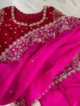 Pink Organza Silk Saree:Hand Embroidered Blouse, Indian Wedding Bridal Saree,luxury wedding saree,pure silk saree,cocktail saree,red sari us