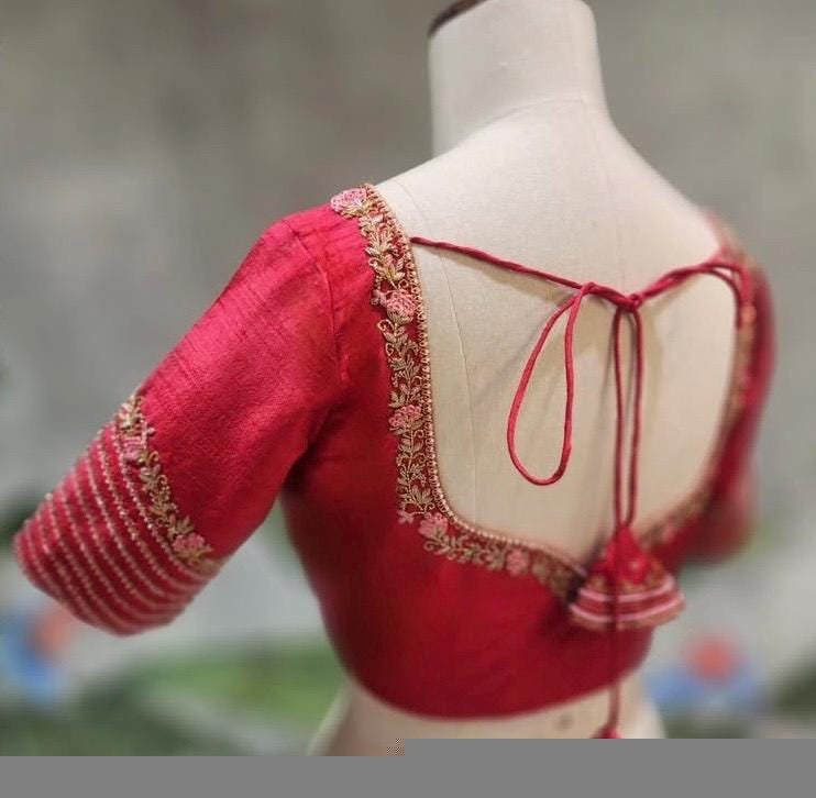 Red Silk Zardosi Embroidered Saree Blouse: Hand-Embroidered Maggam Work,red saree blouse,plus size blouses,mix and match blouses,red blouse