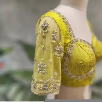 Hand Embroidered Zardosi Silk Blouse: Mehendi Green, Deep Neck blouse,plus size blouse,mix and match blouse,yellow green blouse,saree blouse