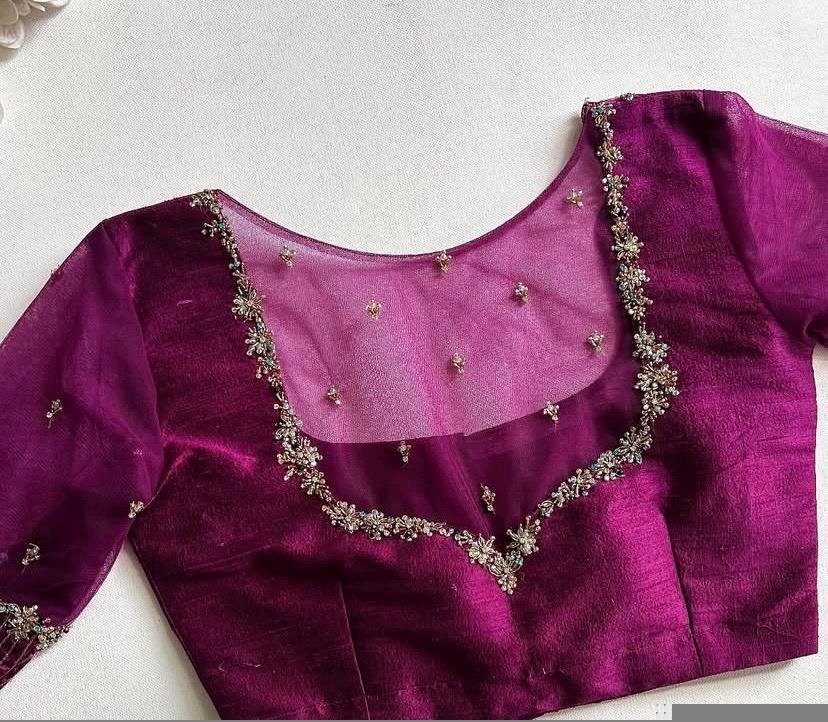 Hand Embroidered Magenta Silk Blouse: Zardosi Wedding Sari Top,purple pink blouse,mix and match blouse,maggam work blouse,plus size blouse