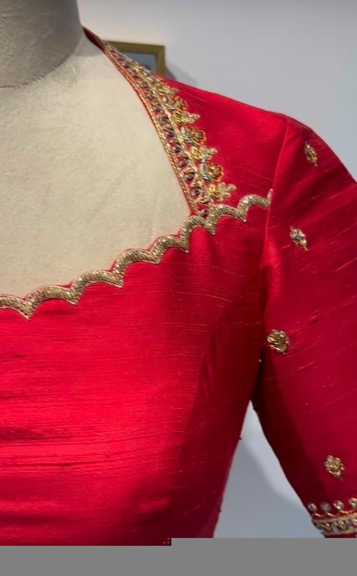 Hand Embroidered Silk Zardosi Blouse:Red Maggam Work, red hand work blouse ,red saree blouse,zardosi blouses,red mix and match blouse usa