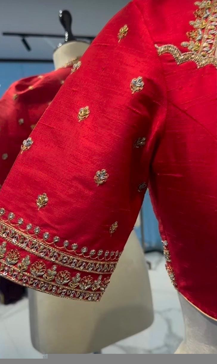Hand Embroidered Silk Zardosi Blouse:Red Maggam Work, red hand work blouse ,red saree blouse,zardosi blouses,red mix and match blouse usa