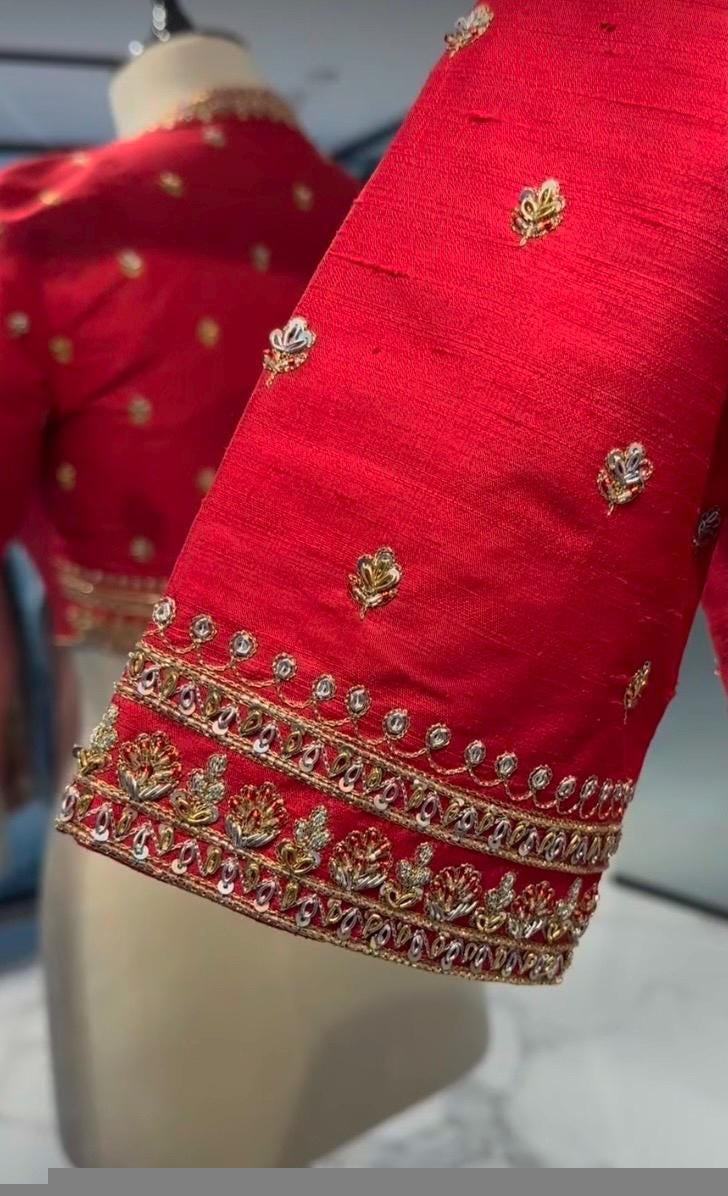 Hand Embroidered Silk Zardosi Blouse:Red Maggam Work, red hand work blouse ,red saree blouse,zardosi blouses,red mix and match blouse usa