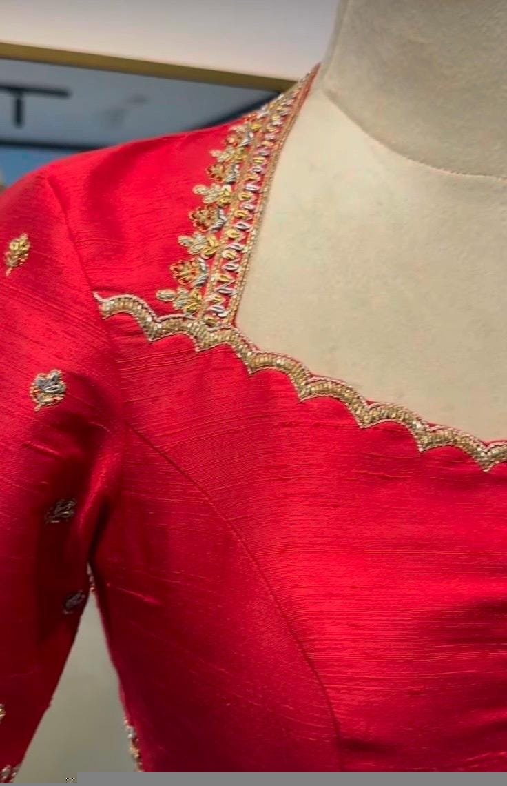 Hand Embroidered Silk Zardosi Blouse:Red Maggam Work, red hand work blouse ,red saree blouse,zardosi blouses,red mix and match blouse usa