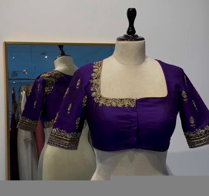 Hand Embroidered Purple Silk Blouse: Zardosi Maggam Work,purple saree blouse,handwork blouses, mix and match blouses,plus size blouses usa