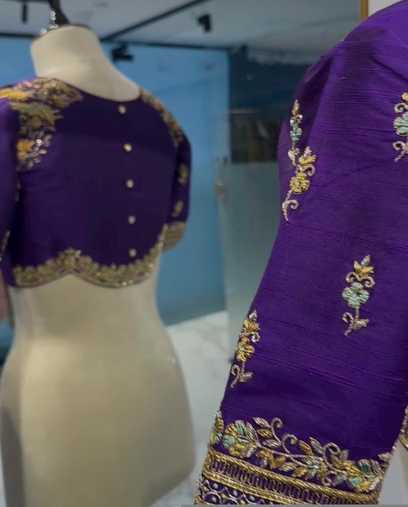 Hand Embroidered Purple Silk Blouse: Zardosi Maggam Work,purple saree blouse,handwork blouses, mix and match blouses,plus size blouses usa