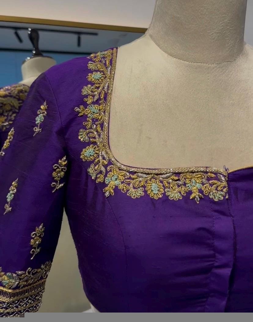 Hand Embroidered Purple Silk Blouse: Zardosi Maggam Work,purple saree blouse,handwork blouses, mix and match blouses,plus size blouses usa