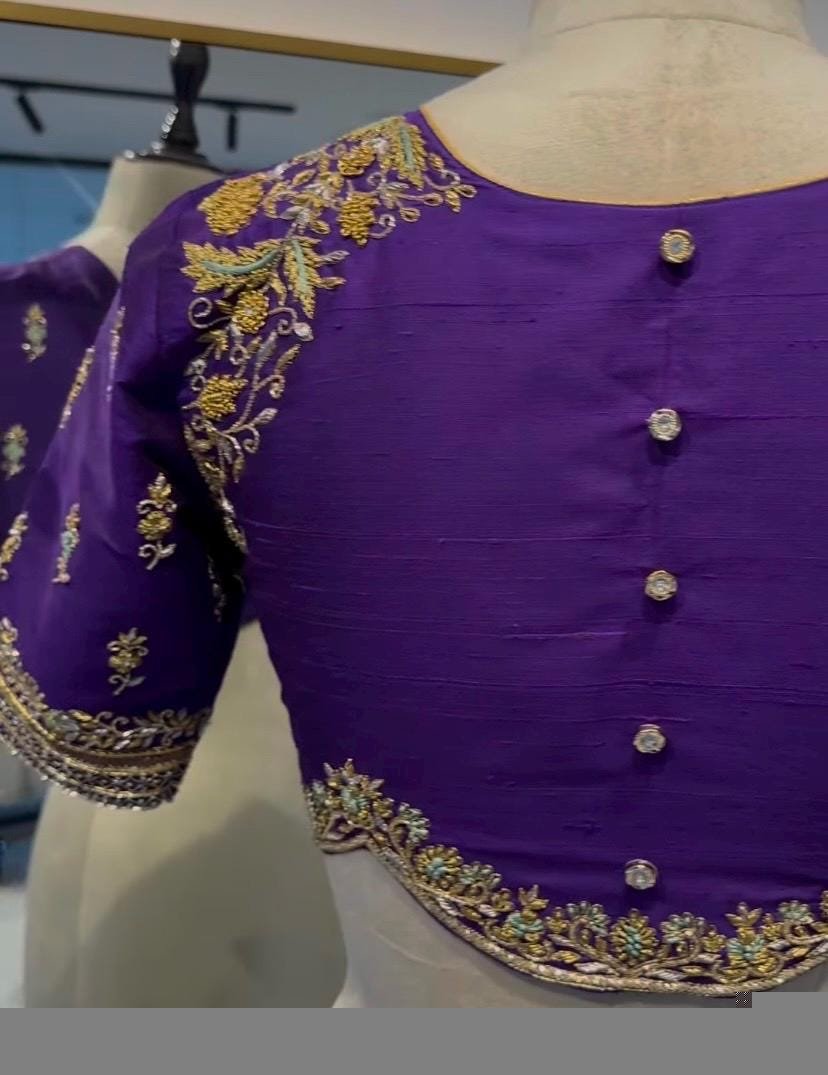Hand Embroidered Purple Silk Blouse: Zardosi Maggam Work,purple saree blouse,handwork blouses, mix and match blouses,plus size blouses usa