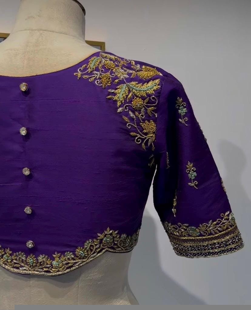 Hand Embroidered Purple Silk Blouse: Zardosi Maggam Work,purple saree blouse,handwork blouses, mix and match blouses,plus size blouses usa