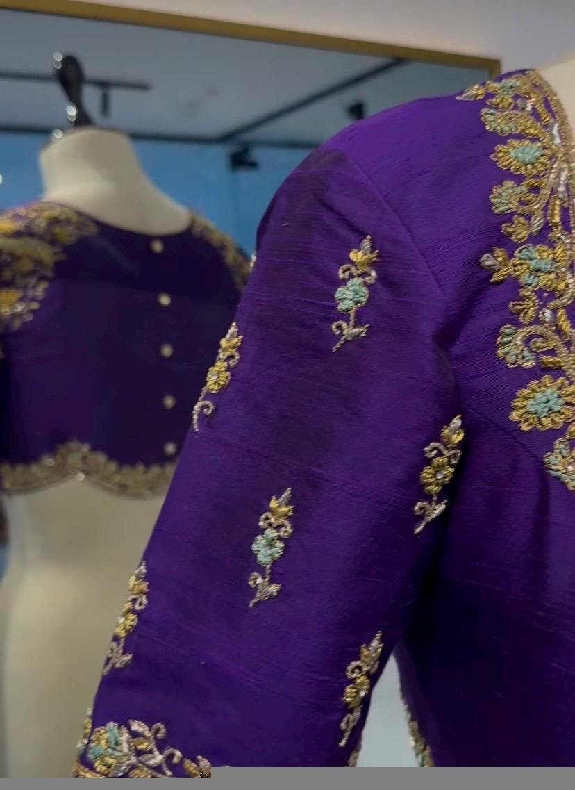Hand Embroidered Purple Silk Blouse: Zardosi Maggam Work,purple saree blouse,handwork blouses, mix and match blouses,plus size blouses usa