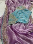 Tissue Silk Saree:Hand Embroidered Blouse, Indian Wedding Bridal Saree,luxury wedding saree,pure silk lavender saree,cocktail saree blue blo