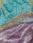 Tissue Silk Saree:Hand Embroidered Blouse, Indian Wedding Bridal Saree,luxury wedding saree,pure silk lavender saree,cocktail saree blue blo