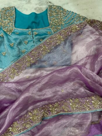 Tissue Silk Saree:Hand Embroidered Blouse, Indian Wedding Bridal Saree,luxury wedding saree,pure silk lavender saree,cocktail saree blue blo