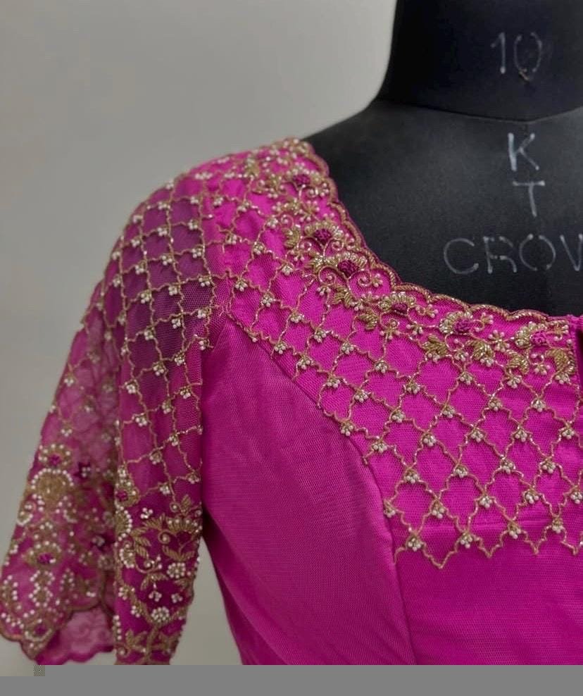 pure silk hand embroidery blouse/saree maggam blouse/hot pink zardosi blouse/hand embroidered blouse /magenta pink ready made blouse zardosi