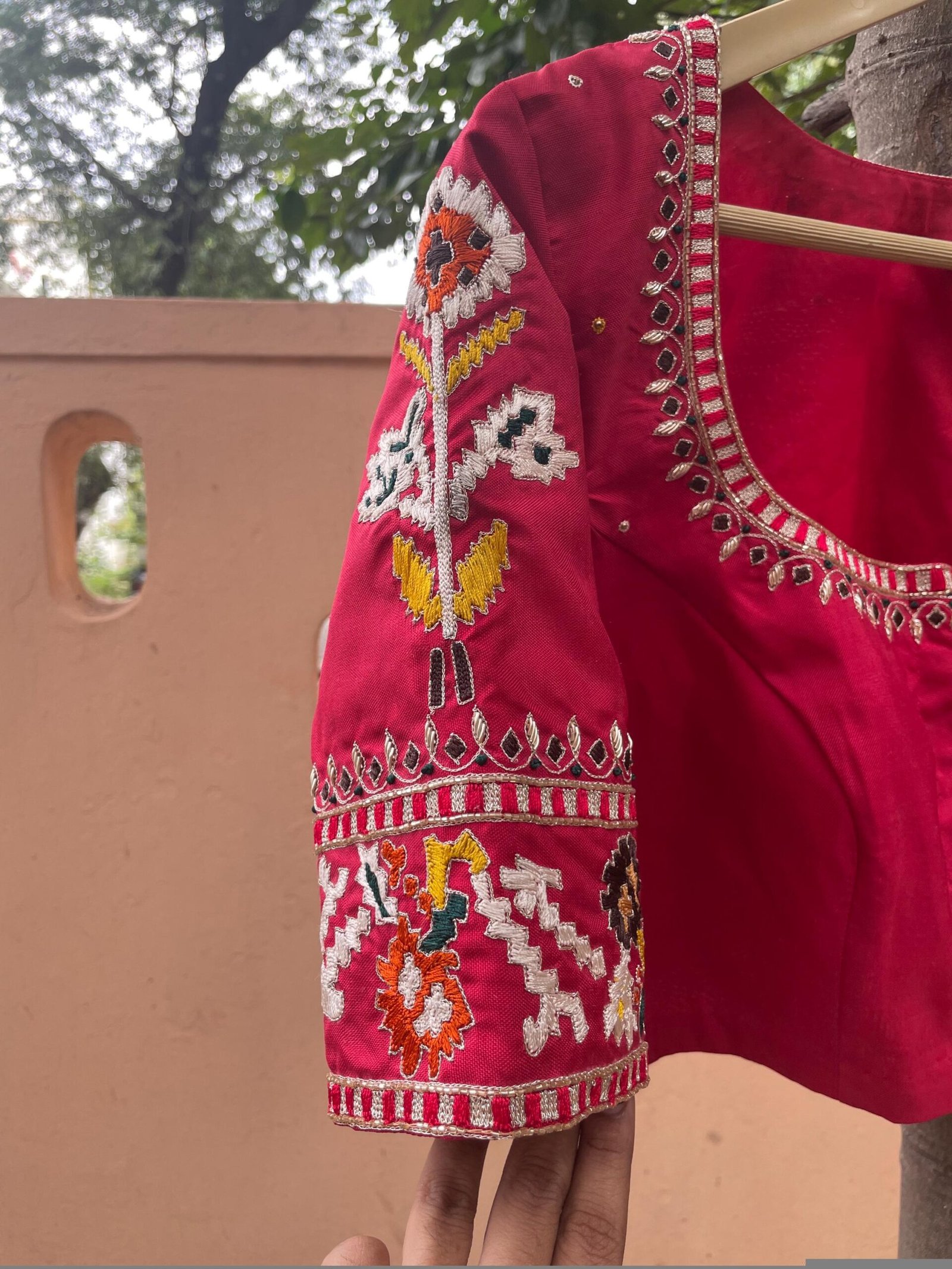 pure silk hand embroidery blouse/ikkat saree maggam blouse/raw silk zardosi blouse/multi colohand embroidered blouse/red Patola saree blouse