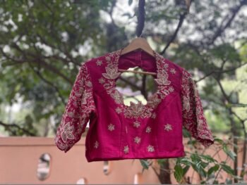 Hand Embroidered Zardosi Silk Blouse: Plum Magenta Saree Top,plum saree blouse,collar blouse,handwork Maggam blouse,mix and match blouse