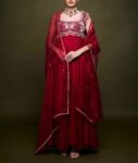 Anarkali suit usa/anarkali red kurta short sleeve/dark red Indian anarkali/ruby red anarkali/heavy hand embroidered anarkali with dupatta