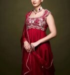 Anarkali suit usa/anarkali red kurta short sleeve/dark red Indian anarkali/ruby red anarkali/heavy hand embroidered anarkali with dupatta