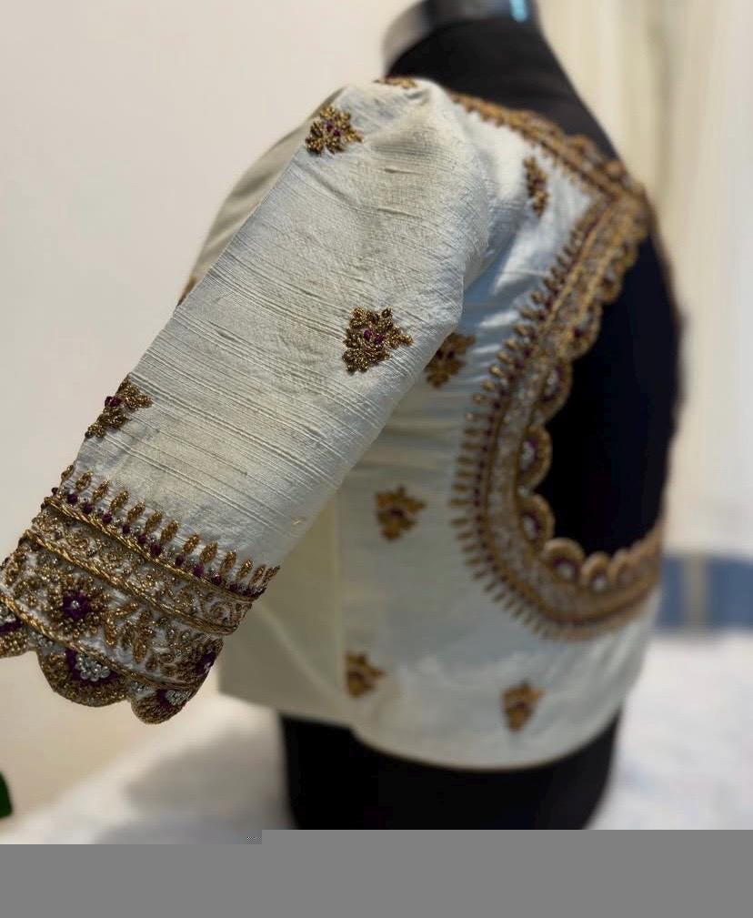 pure silk hand embroidery blouse/modern maggam blouse/cream zardosi blouse/hand embroidered blouse/off white mix and match ready made blouse