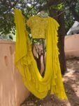 Mustard Yellow Ruffle Saree: Georgette Cocktail Sari with Embroidered Blouse, ruffle saree blouse , mehendi saree, haldi saree,cocktail sare