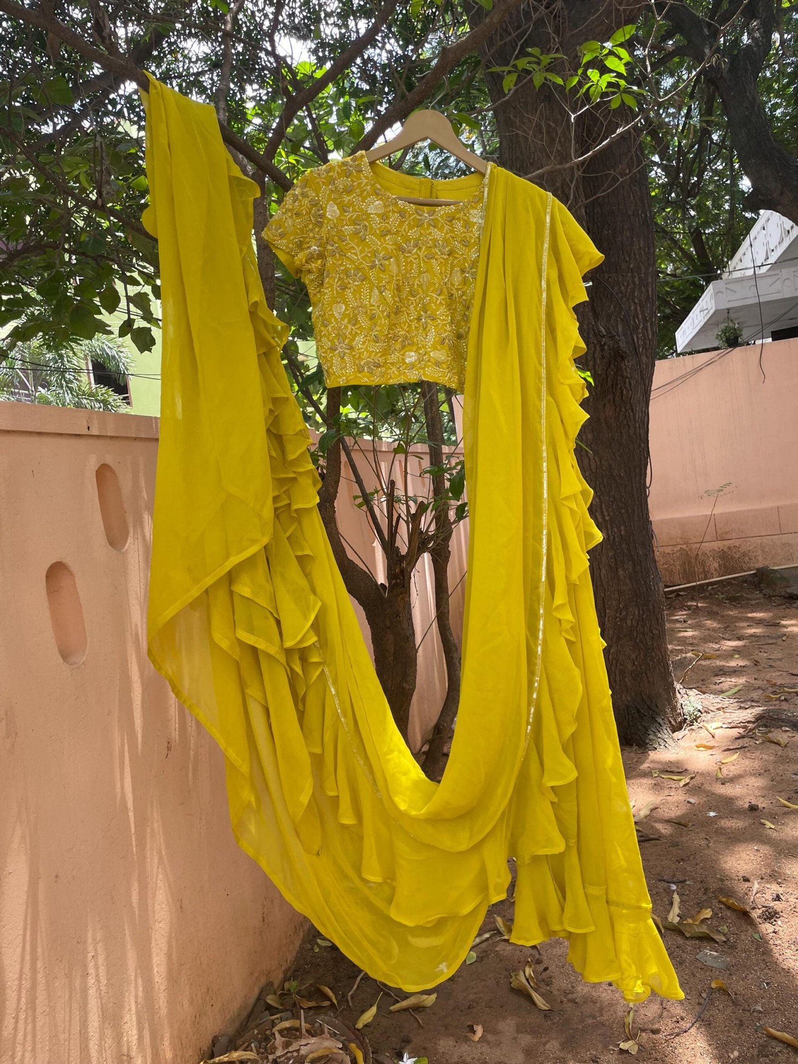Mustard Yellow Ruffle Saree: Georgette Cocktail Sari with Embroidered Blouse, ruffle saree blouse , mehendi saree, haldi saree,cocktail sare
