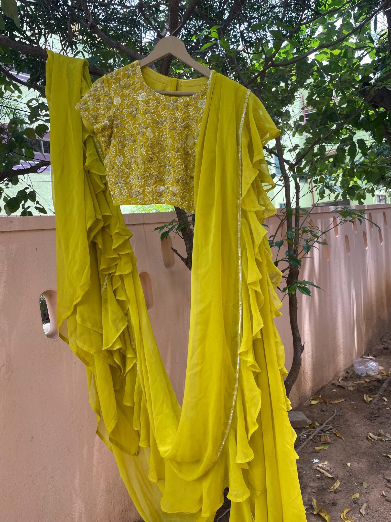 Mustard Yellow Ruffle Saree: Georgette Cocktail Sari with Embroidered Blouse, ruffle saree blouse , mehendi saree, haldi saree,cocktail sare