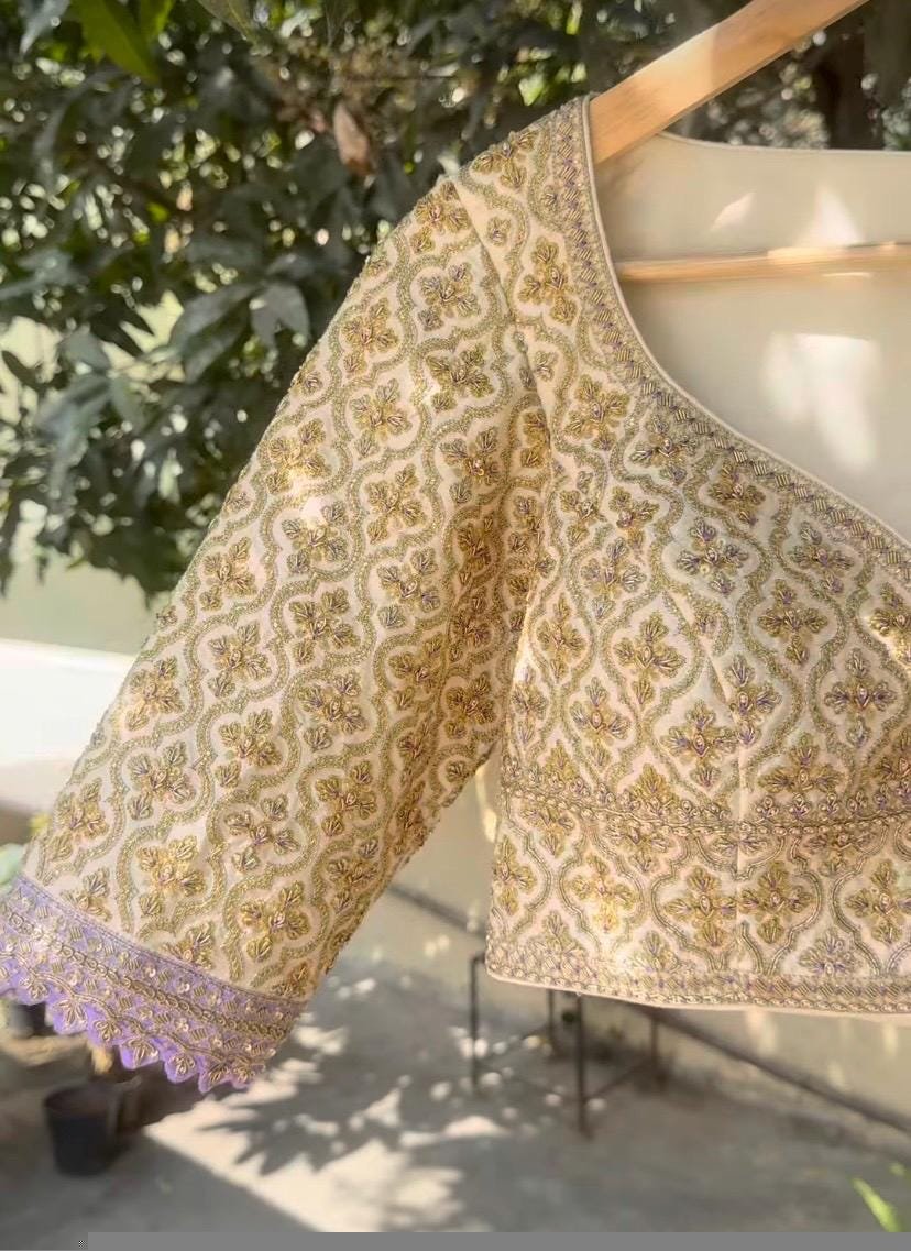 pure silk hand embroidery blouse/cream saree maggam blouse/raw silk zardosi blouse/hand embroidered blouse/cream ready made blouse zardosi