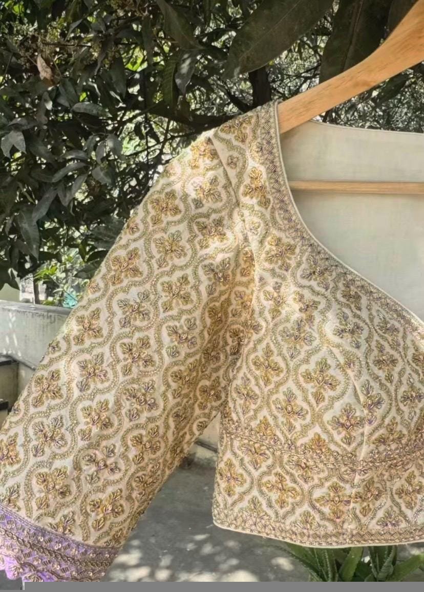 pure silk hand embroidery blouse/cream saree maggam blouse/raw silk zardosi blouse/hand embroidered blouse/cream ready made blouse zardosi