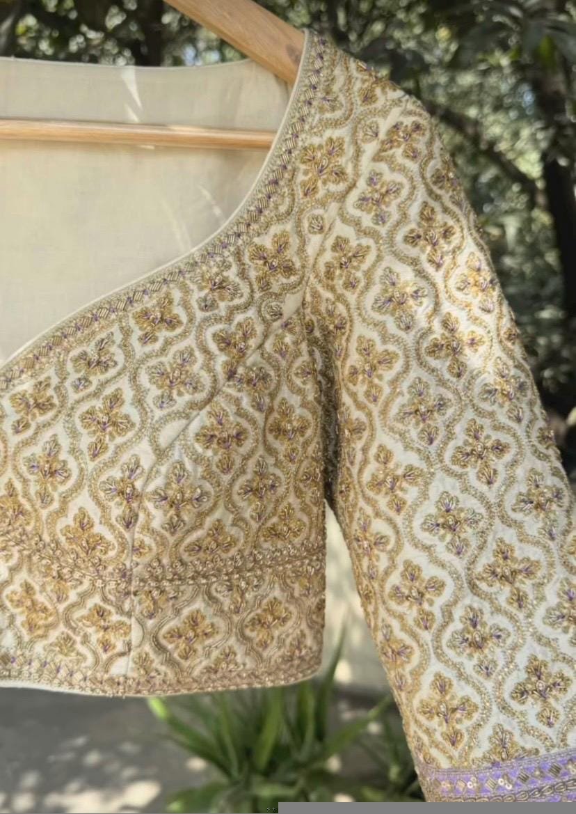pure silk hand embroidery blouse/cream saree maggam blouse/raw silk zardosi blouse/hand embroidered blouse/cream ready made blouse zardosi