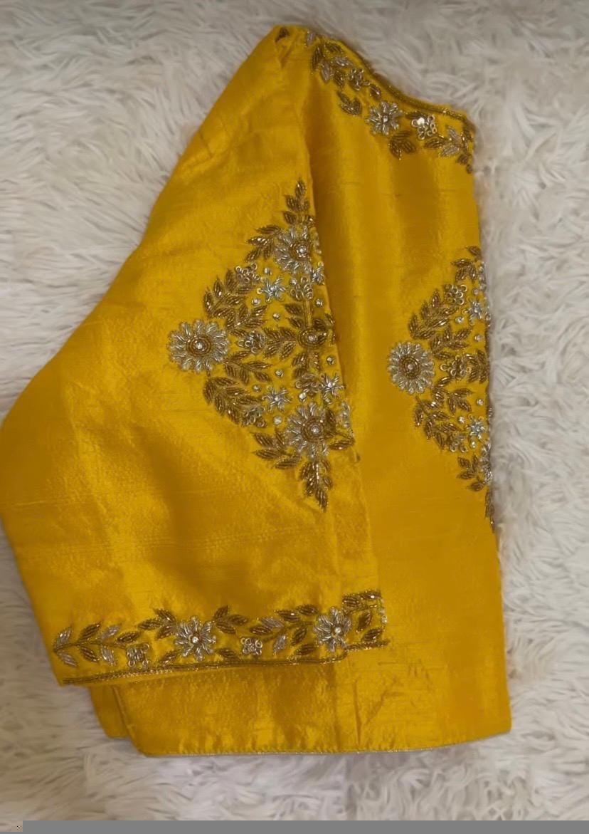 pure silk hand embroidery blouse / saree maggam yellow blouse /yellow blouse/ hand embroidered blouse / ready made blouse zardosi/voggish