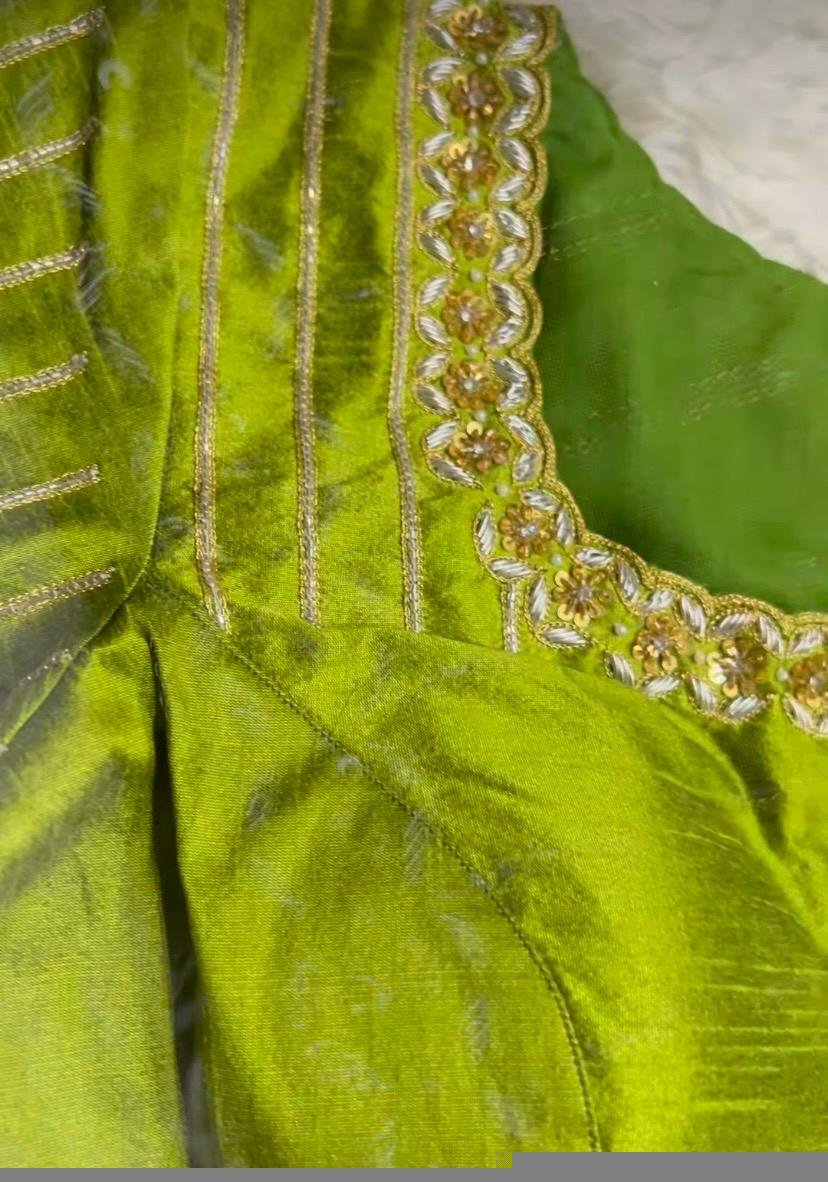 Hand Embroidered Zardosi Silk Blouse: Mehendi Green, Deep Neck,mehendi green blouse,42 size blouse,mix and match blouses, green maggam blous