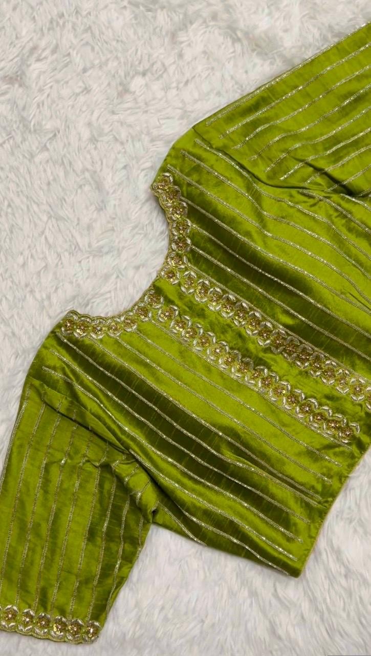 Hand Embroidered Zardosi Silk Blouse: Mehendi Green, Deep Neck,mehendi green blouse,42 size blouse,mix and match blouses, green maggam blous