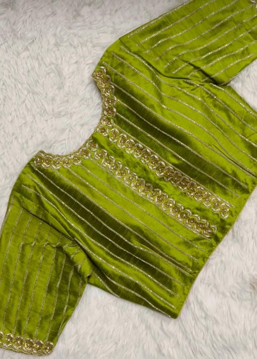 Hand Embroidered Zardosi Silk Blouse: Mehendi Green, Deep Neck,mehendi green blouse,42 size blouse,mix and match blouses, green maggam blous