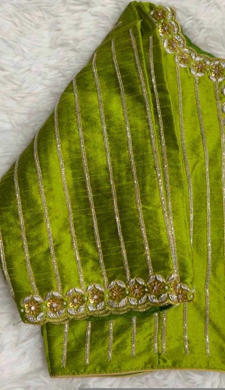 Hand Embroidered Zardosi Silk Blouse: Mehendi Green, Deep Neck,mehendi green blouse,42 size blouse,mix and match blouses, green maggam blous
