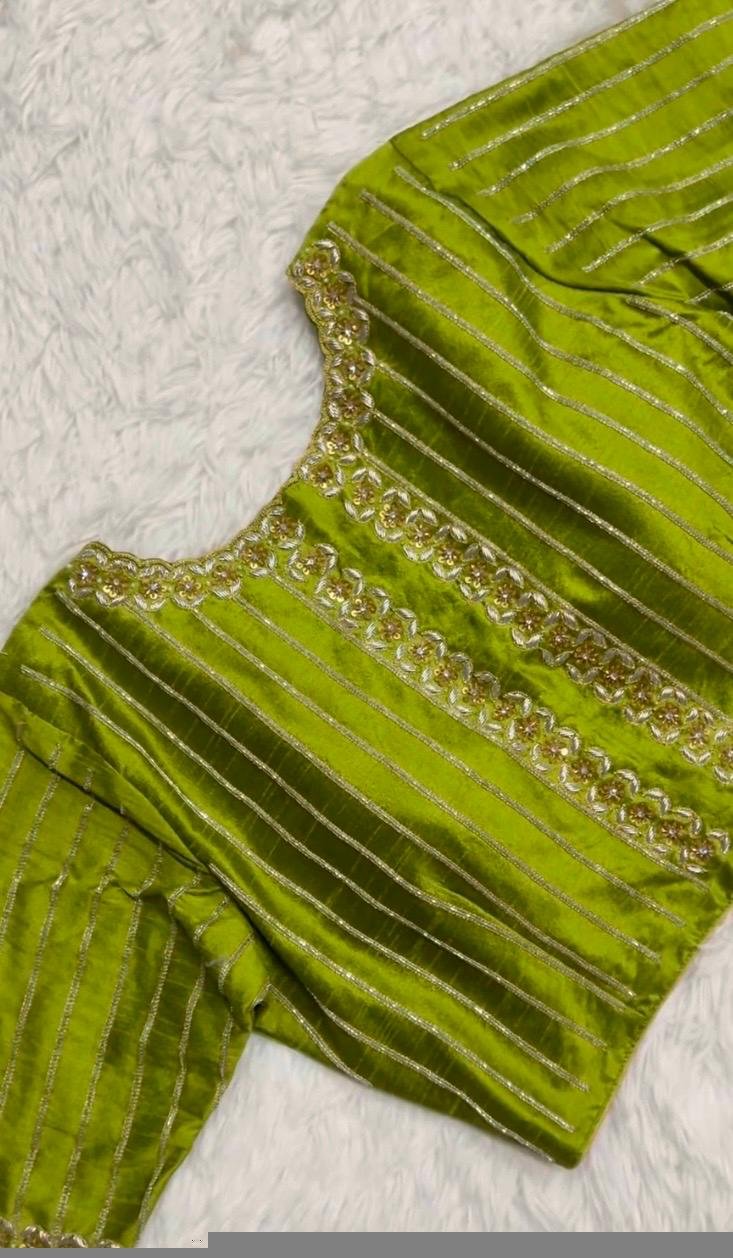 Hand Embroidered Zardosi Silk Blouse: Mehendi Green, Deep Neck,mehendi green blouse,42 size blouse,mix and match blouses, green maggam blous