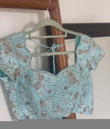 pure silk hand embroidery blouse /maggam blouse/blue raw silk zardosi blouse/hand embroidered blouse/ice blue elbow sleeve ready made blouse