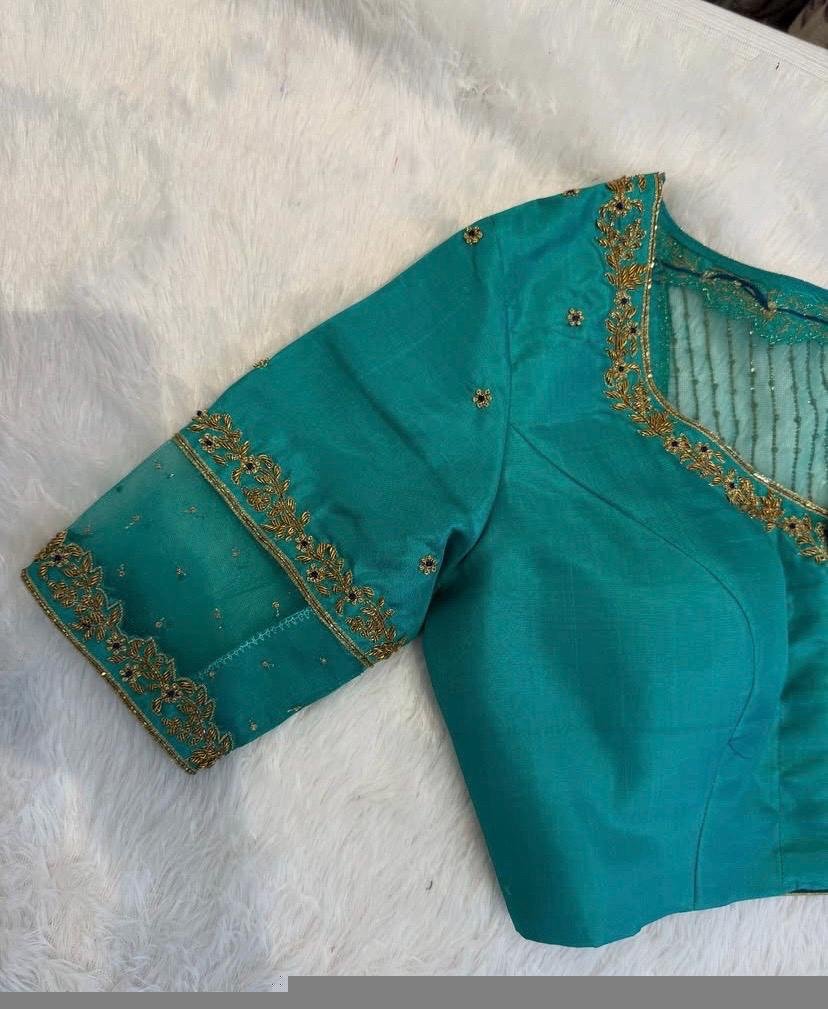 pure silk hand embroidery blouse/saree maggam blouse/ zardosi blouse/turquoise green embroidered blouse/sea green ready made blouse zardosi