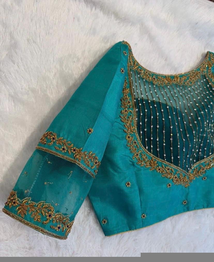 pure silk hand embroidery blouse/saree maggam blouse/ zardosi blouse/turquoise green embroidered blouse/sea green ready made blouse zardosi