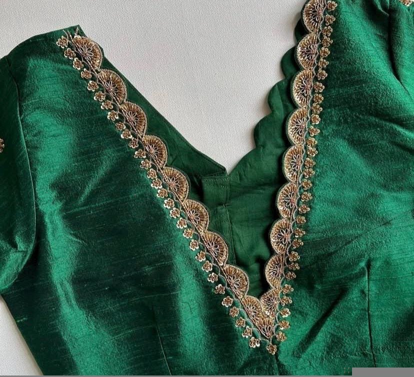 Hand Embroidered Green Silk Saree Blouse: Zardosi Maggam Work, dark green maggam blouse, green mix and match blouse,scallop work blouse usa