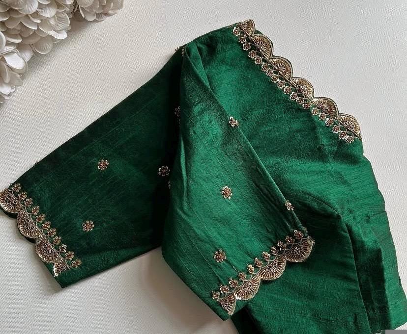 Hand Embroidered Green Silk Saree Blouse: Zardosi Maggam Work, dark green maggam blouse, green mix and match blouse,scallop work blouse usa