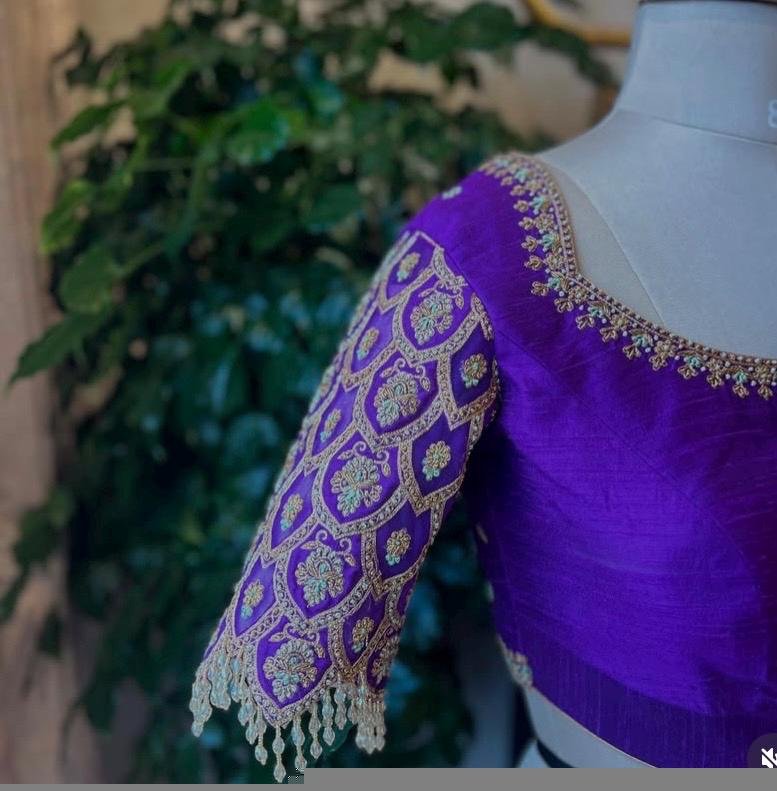 pure silk hand embroidery blouse/modern saree maggam blouse/purple zardosi blouse/wedding hand embroidered blouse/bridal ready made blouse