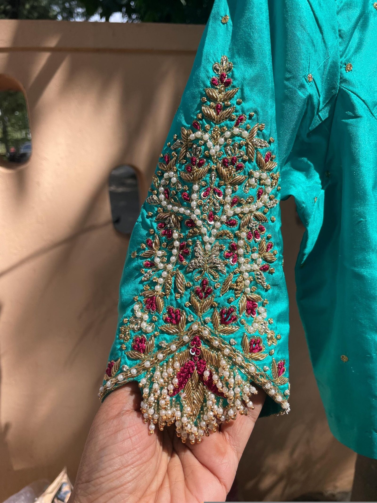 Hand Embroidered sea Blue Silk Blouse:Zardosi Maggam Work,sea green blouse,mix and match blouse,plus size blouses,sea blue hand work blouse
