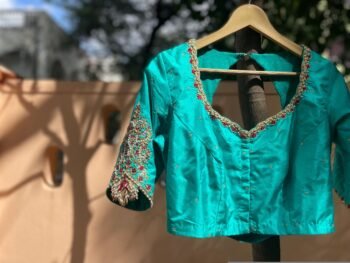 Hand Embroidered sea Blue Silk Blouse:Zardosi Maggam Work,sea green blouse,mix and match blouse,plus size blouses,sea blue hand work blouse