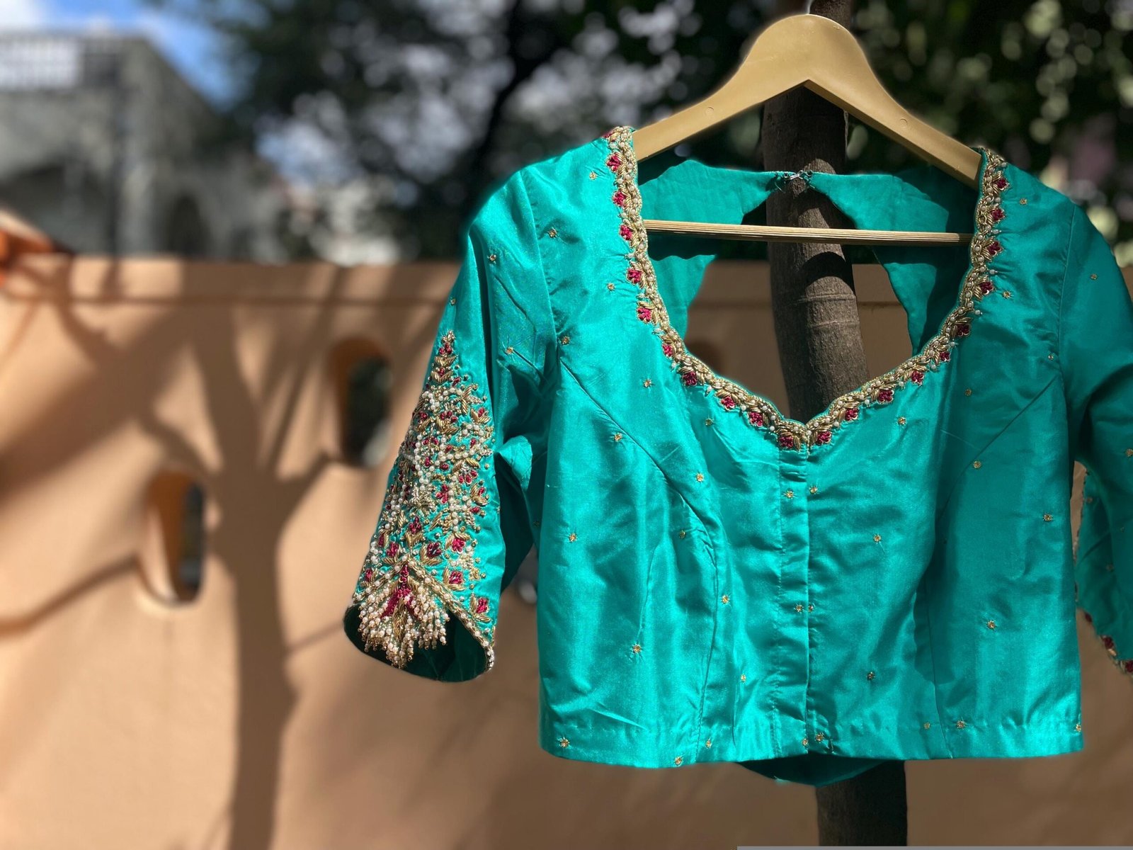 Hand Embroidered sea Blue Silk Blouse:Zardosi Maggam Work,sea green blouse,mix and match blouse,plus size blouses,sea blue hand work blouse