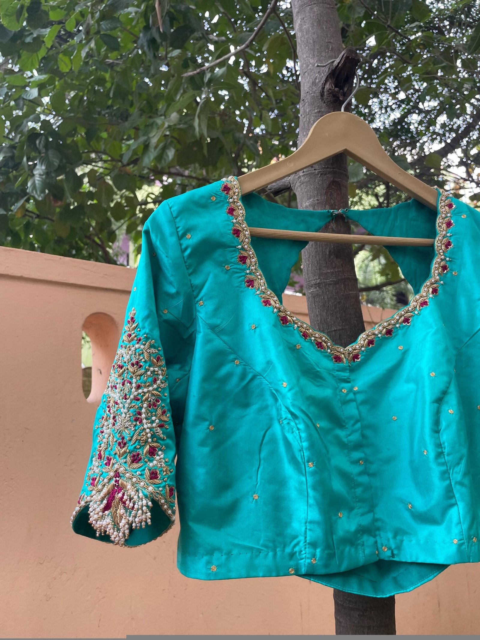 Hand Embroidered sea Blue Silk Blouse:Zardosi Maggam Work,sea green blouse,mix and match blouse,plus size blouses,sea blue hand work blouse
