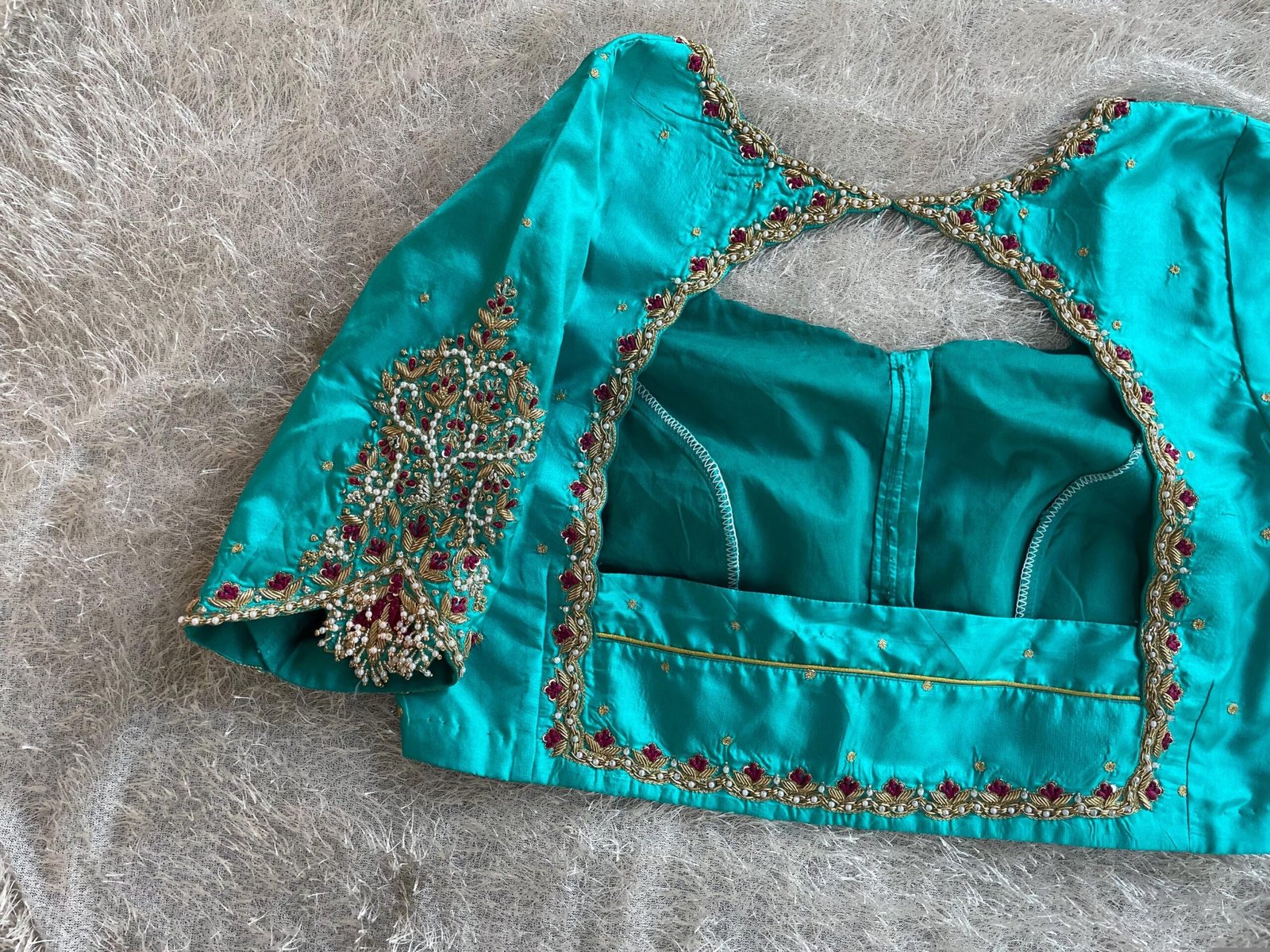 Hand Embroidered sea Blue Silk Blouse:Zardosi Maggam Work,sea green blouse,mix and match blouse,plus size blouses,sea blue hand work blouse