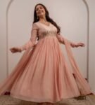 Anarkali suit usa/pink anarkali kurta elbow sleeve/peach heavy anarkali/light peach anarkali/heavy hand embroidered anarkali with dupatta us