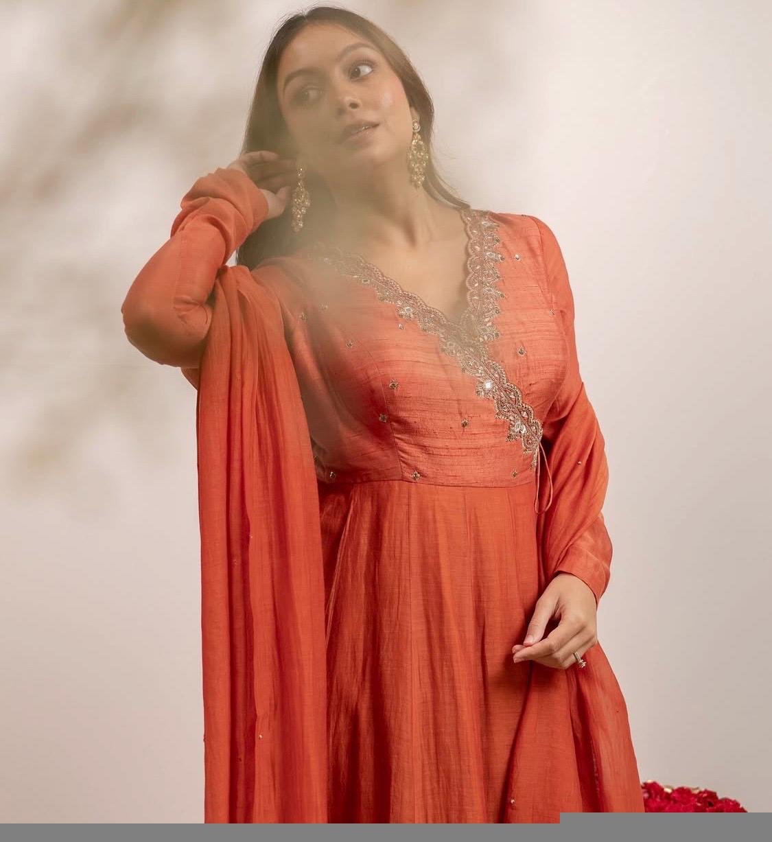 Hand embroidered orange Anarkali with dupatta/orange anarkali suit set/anarkali dupatta USA/Indian dresses/chanderi anarkali dress dupatta