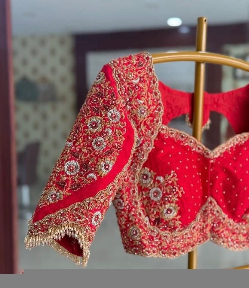 pure silk hand embroidery bridal blouse/ maggam blouse/red bridal zardosi blouse/red hand embroidered blouse/heavy embroidery wedding blouse
